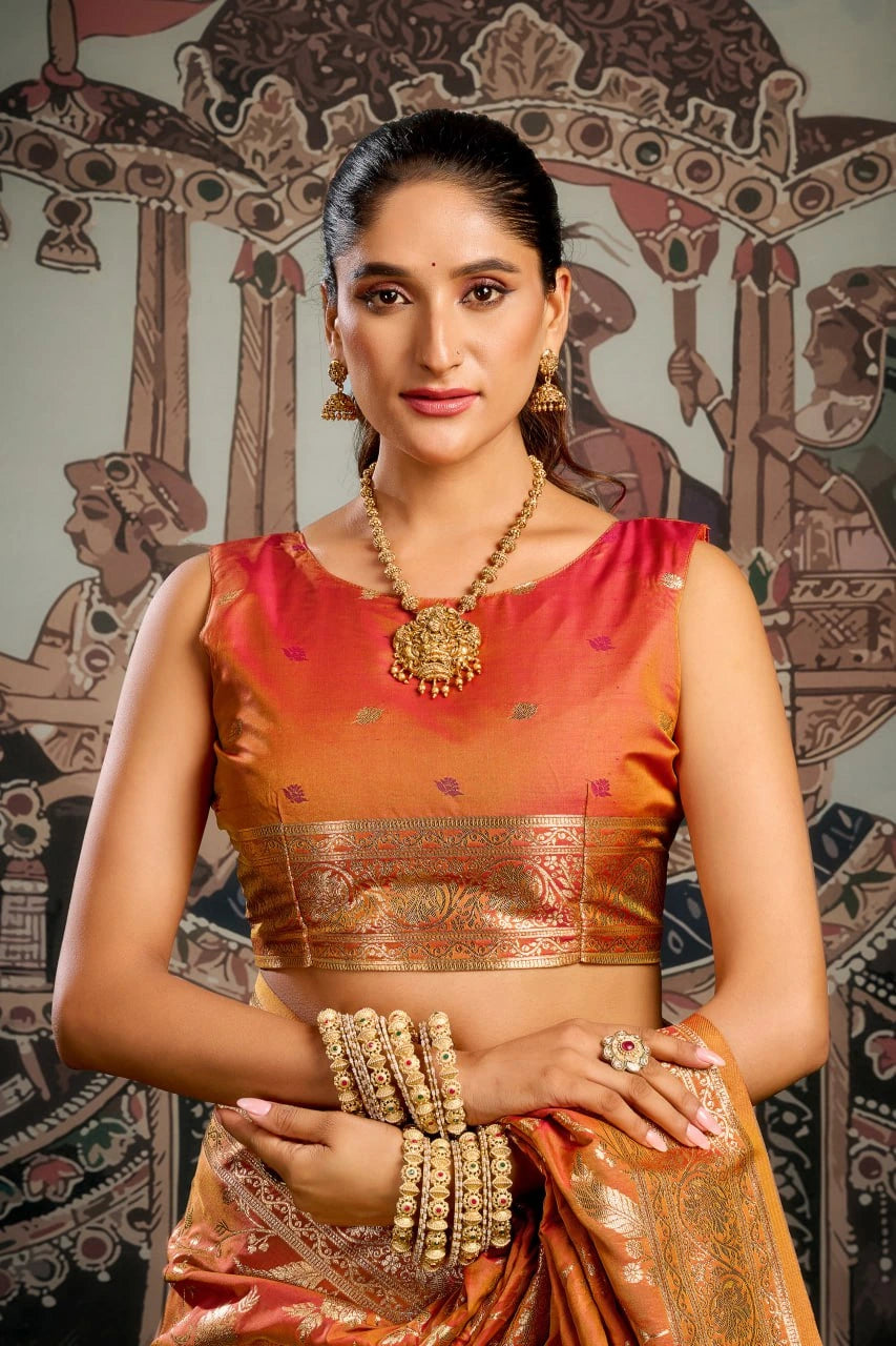 Woman in traditional attire with jewelry against an ornate background